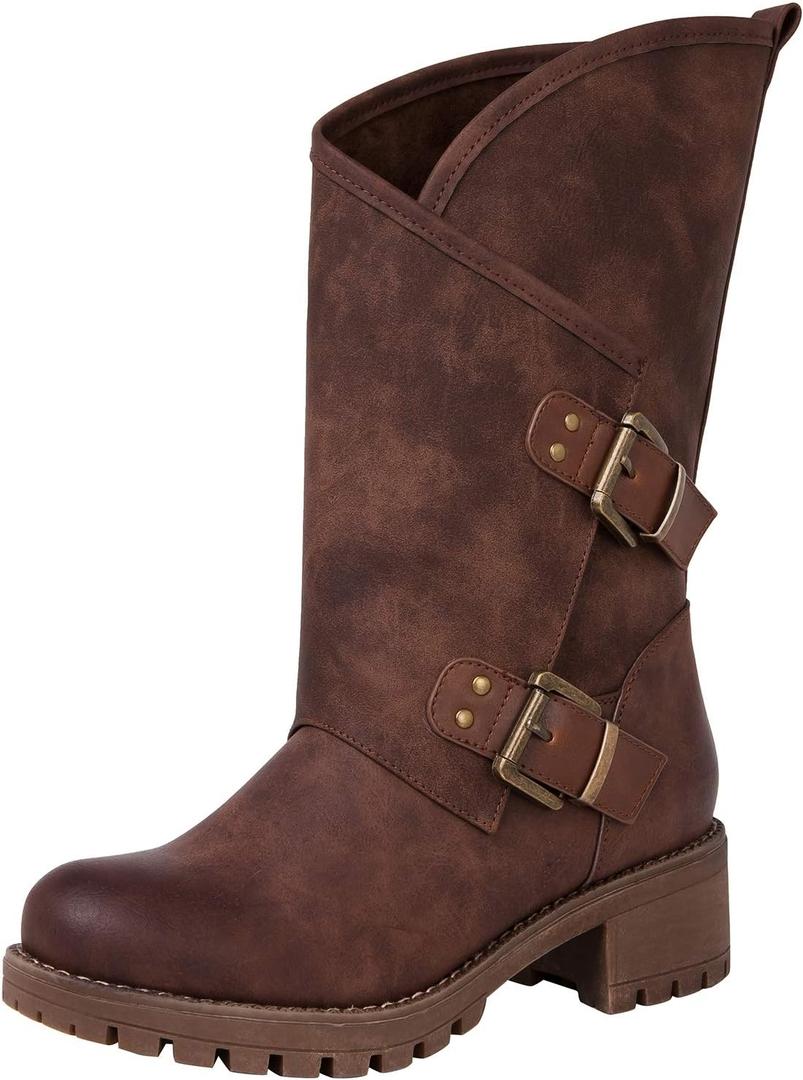 GLOBALWIN Women's The Twisted Rider Motorcycle Boots Mid-Calf Fashion Boots For Women Low Heel (8, Brown)
