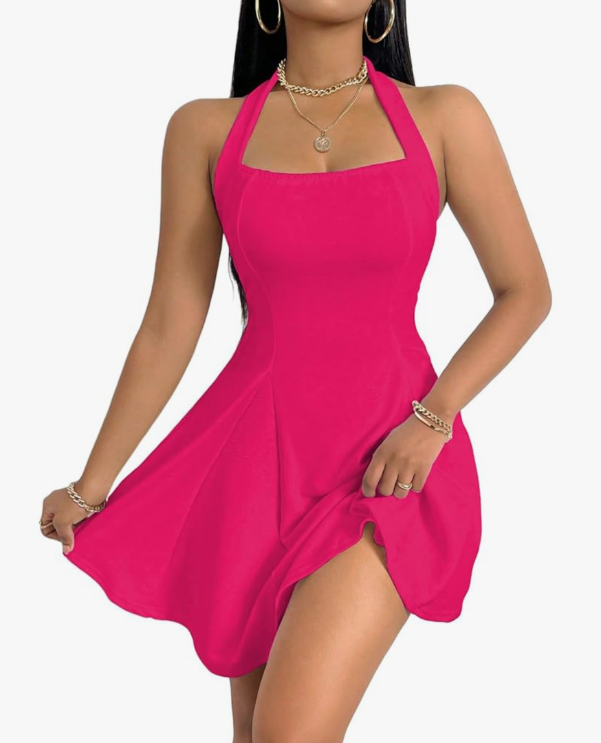 PerZeal Women's 2025 Summer Dress Sleeveless Halter Neck Sundress Backless Flared Short Mini Beach Dress, size M