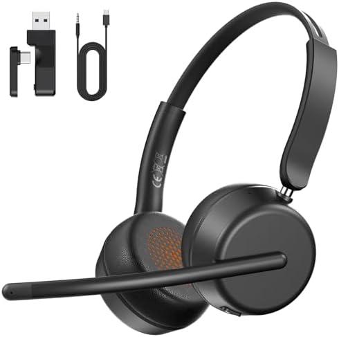 Wireless Headset with Mic for Work, Bluetooth 5.4 Headphones with AI Noise-Canceling Mic for Clear Calls, Wireless Headsets with Mic Mute & USB A/C Dongle for PC, Computer, Laptop, Black
