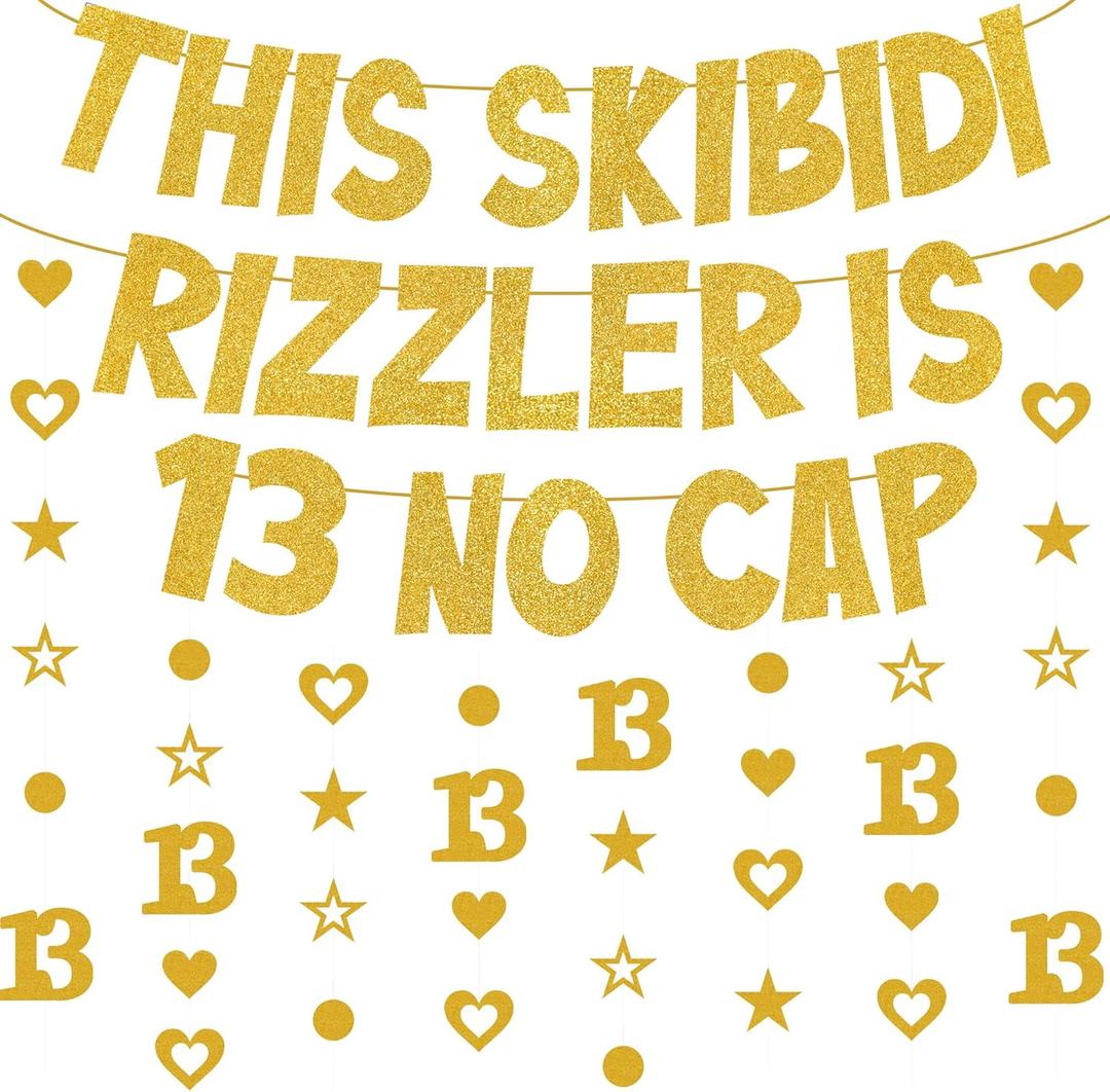 Skibidi Rizzler Birthday Banner Decorations - This Skibidi Rizzler Is 13 No Cap Gold Glitter Banner, Pre-Strung Stars Hearts Garland Ideas Funny Zoomer Gen Z Slang 13th Birthday Party Supplies