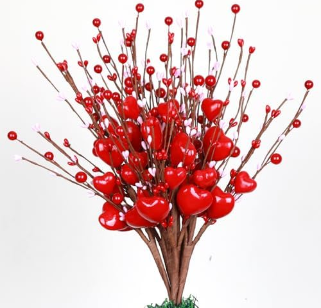 Valentines Day Tree Topper Decorations,6 Pcs Valentine Floral Picks Artificial Flowers with Red Heart and Pink Berry for Galentines Day Tree Ornaments Wedding Holiday Party Home Decor