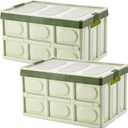 Lidded Storage Bins 2 Pack 30L Collapsible Storage Box Crates Plastic Tote Storage Box Container Stackable Folding Utility Crates for Clothes Books Snack Shoe Bag and Grocery Storage Bin-Green