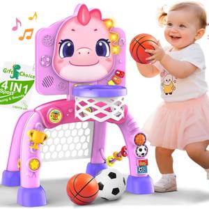 Nicmore Basketball Hoop Toys for Toddlers: Dinosaur Activity Center with Lights Music - Indoor Sports Skills Development - 6, 12, 18, 24+ Month Christmas Birthday Gift for Baby, Boys & Girls (Pink)