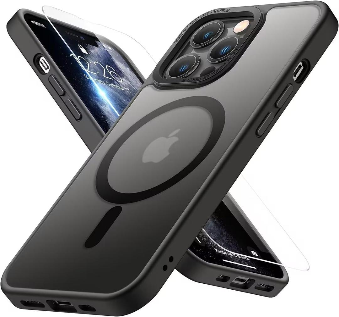 LUHOURI Enhanced Magnetic for iPhone 12 Case,iPhone 12 Pro Case with Screen Protector - Wireless Charging Compatible, Military-Grade Drop Tested, Slim Fit Shockproof Matte Cover - Black