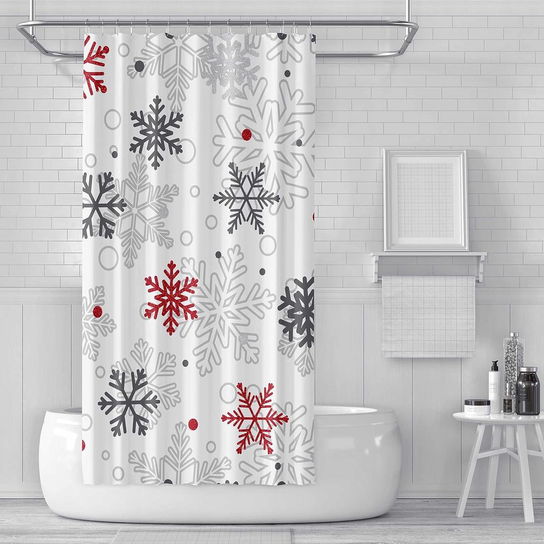60x72 Red Christmas Snowflakes Shower Curtains for Winter Grey Merry Xmas Its Cold Outside Bath Bathroom Decors Silver Glitter Sparkle Home Fabric Waterproof Shower Curtain Set with 12 Hooks