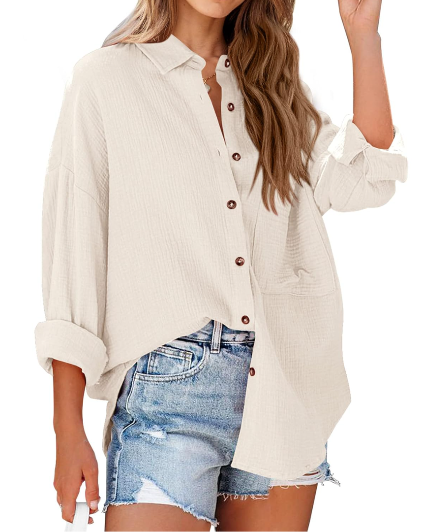 NOLLSOM Casual Shirts for Women Long Sleeve Button Down Blouses Fall 2025 Solid Color Trendy Tops with Pocket, Size L