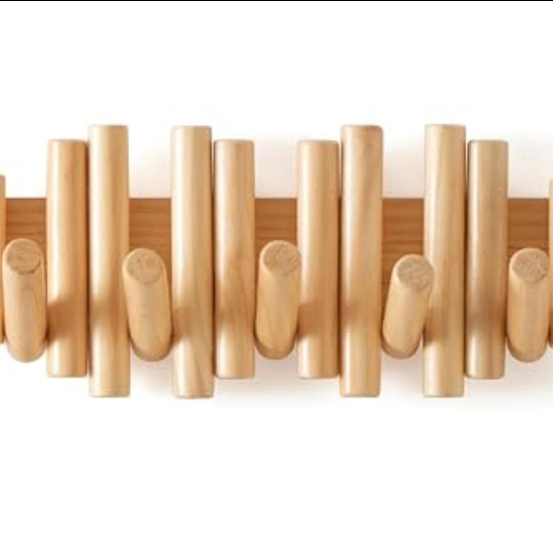 Wooden Wall mounted wood coat rack | 15 inches long , 6.5" high, with 5 Flip-Down Hooks | Modern Natural Pine Wood Finish | Decorative Hanging Storage Wall Hooks for Entryway or Bedroom