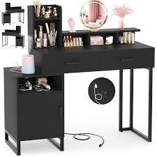 Vanity Desk, Small Vanity Desk with Power Outlet, Makeup Desk with Drawers and Cabinets, Vanity Set with Storage Shelves for Bedroom, No Mirror
