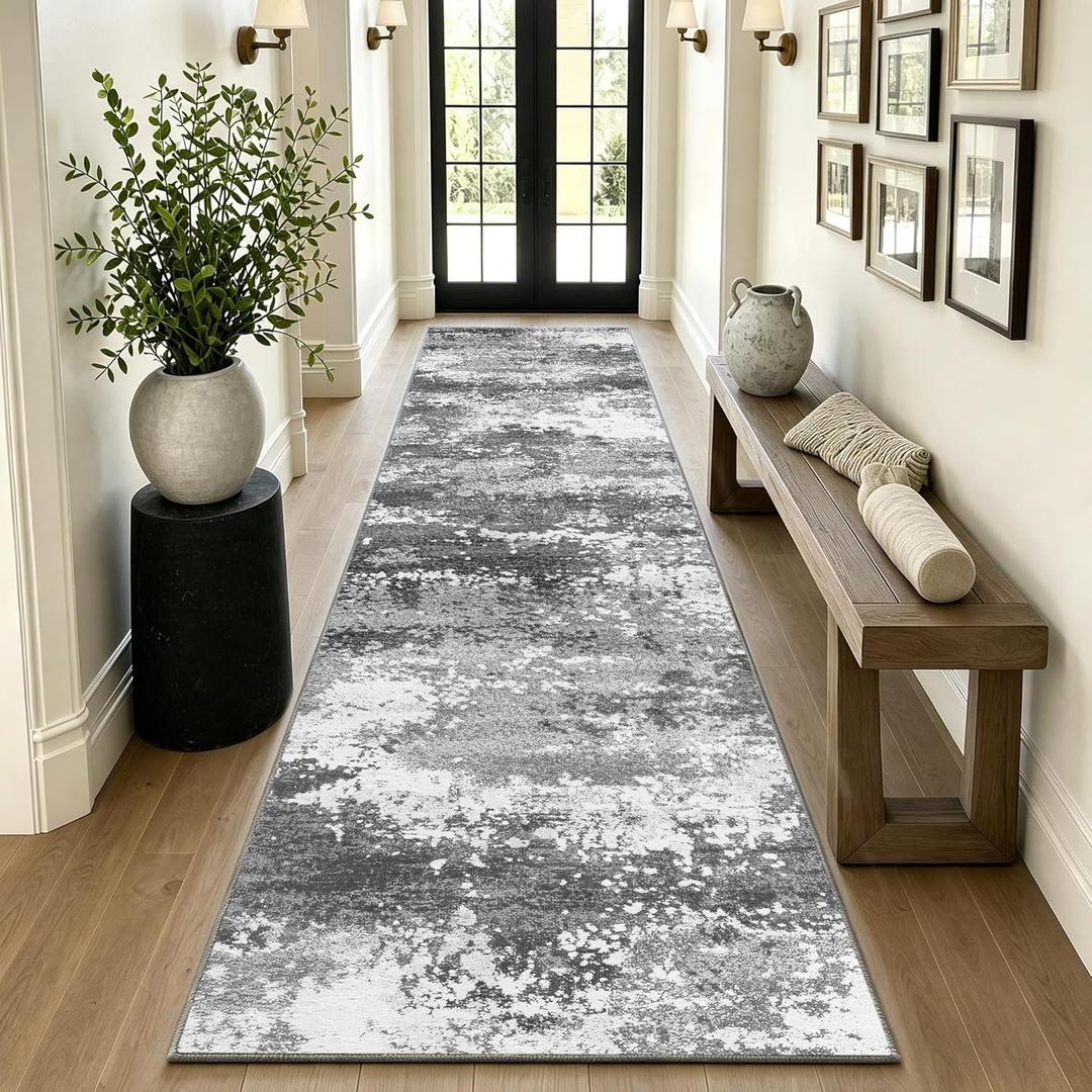 12 FT Extra Long Runner Rug for Hallway Washable, 2.6x12 Large Kitchen Floor Runners Non Slip, Entryway Runner Carpet Low Pile Stain & Fade Resistant, Abstract Gray