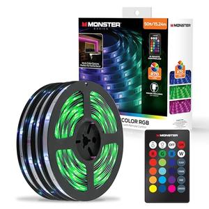 Monster 50 Foot RGB LED Light Strip with Remote Control, 270 RGB LEDs, Adhesive Backing, Coated for Moisture Protection, Dimmable, 24V Plug, 4 Modes Including Strobe, Flash, Fade & Smooth