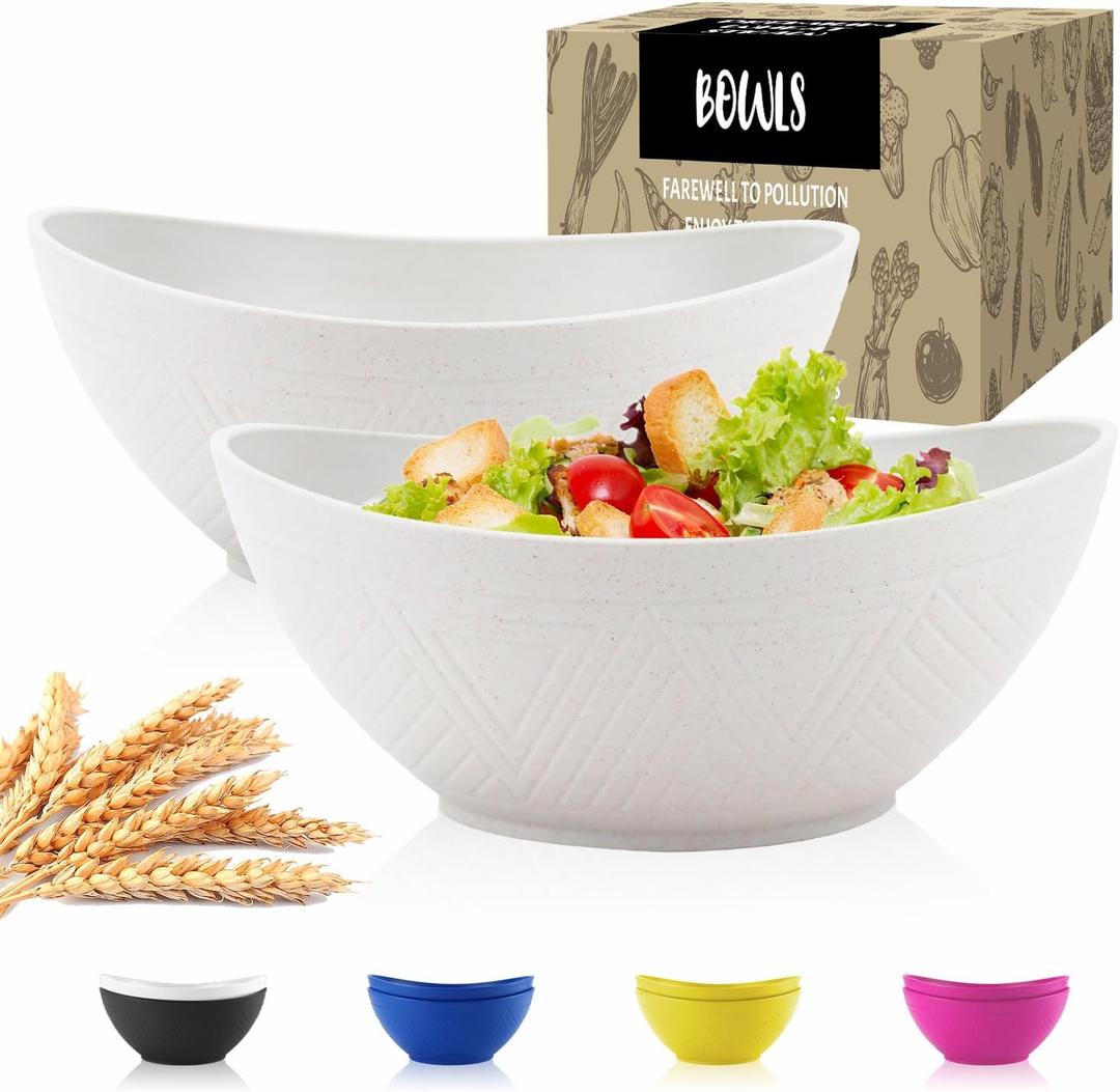 Wrova Wheat Straw Bowls Set of 2 with Textured Pattern,Unbreakable Large Salad Bowls,Plastic Bowls Dishwasher & Microwave,Sturdy and Stackable Kitchen Bowl Sets for Serving,Oatmeal.White