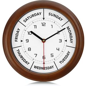 Lafocuse 12 Inch Solid Wood Day of The Week Wall Clock for Mother Easy to Read, Retirement Clock for Seniors, Silent Brown Wall Clock for Living Room Decor
