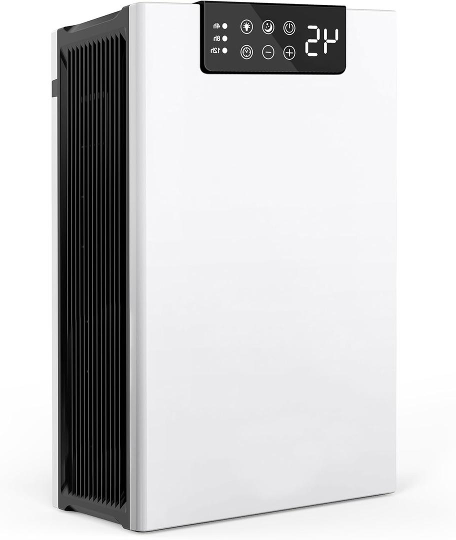 Dehumidifier, 98OZ Dehumidifiers for Home(1000sq.ft), Humidity Display Dehumidifier for Basement Bathroom Bedroom, Auto Shut Off, Washable Filter, Drain Hose, Timer, 7 Ambient Lights, White