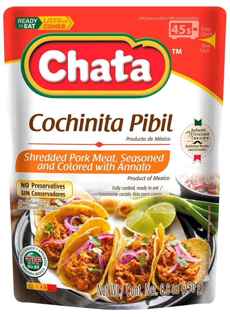 Chata Seasoned Shredded Meat 8.8oz Pouch (Pack of 1) (Select Flavor Below) (Cochinita Pibil). (EXP 02/01/27)