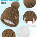 Winter Hat Scarf Gloves Set,Fleece Lined Pom Pom Beanie Hat Warm Knit Long Scarf Touchscreen Gloves Winter Gifts for Women (Brown)