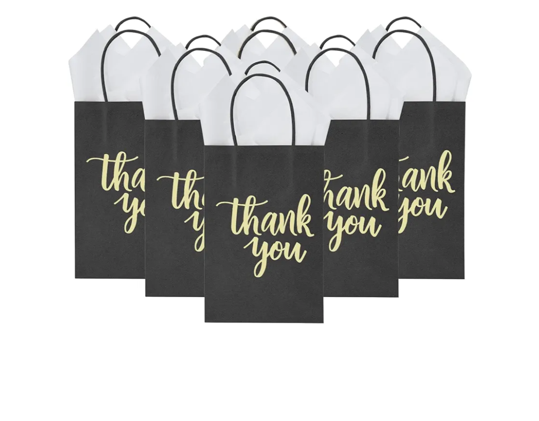 DjinnGlory 50 Pack Small Black Thank You Paper Gift Bags with Handles 9x5.5x3.15 Inch and Tissue Paper for Graduation Wedding Bridal Baby Shower Party Favors Goodies, Business Shopping Bags