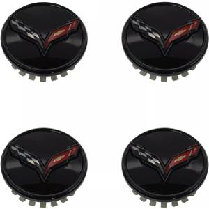 4Pc 2014+ C7 Corvette Stingray Center Caps w/Crossed Flag Logo Trim Set 23217059 (Black)