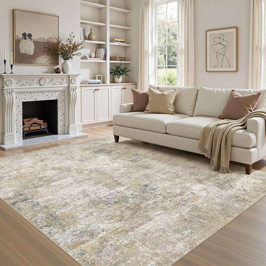 6x9 Area Rugs for Living Room: Washable Large Neutral Abstract Rug Soft Non Slip Stain Resistant Low Pile Indoor Carpet for Bedroom Dining Room Nursery Office Playroom - Gold Brown Blue