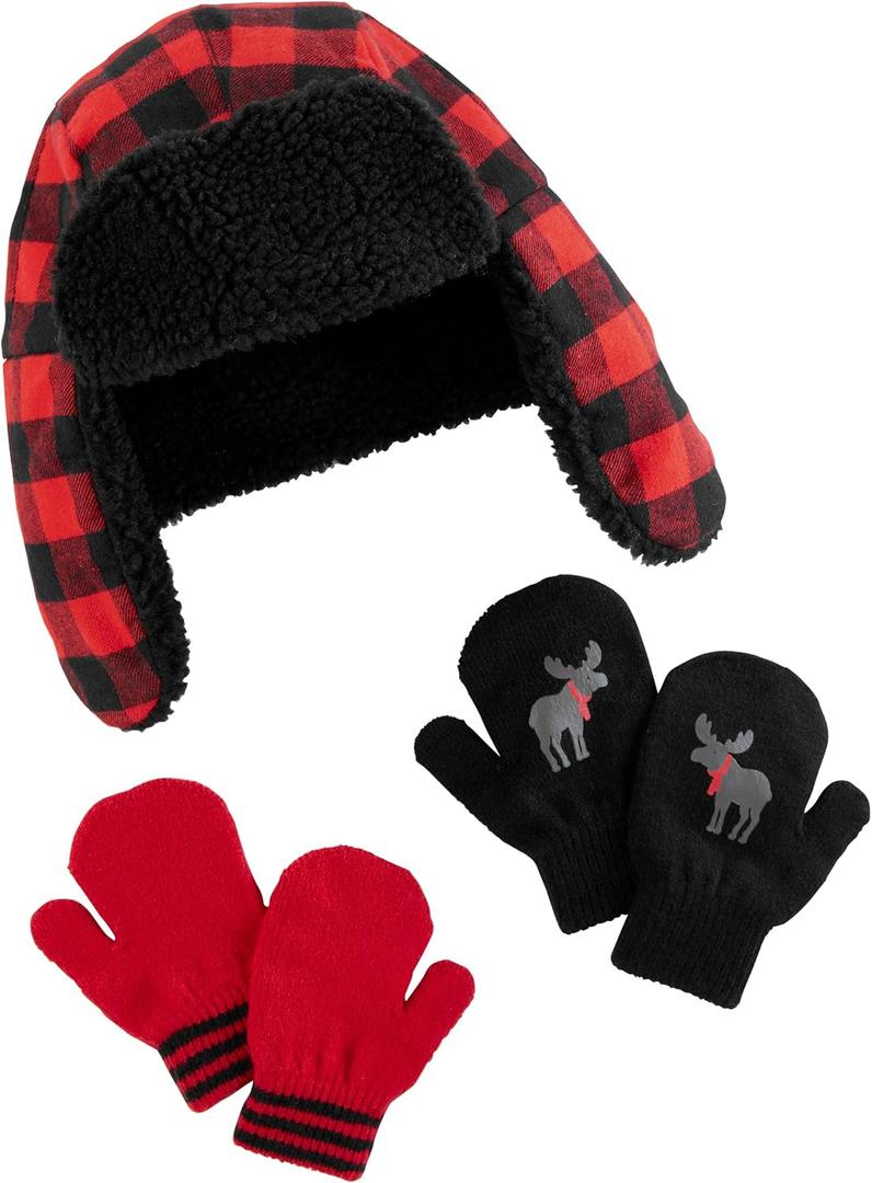 Simple Joys by Carter's Baby Hat and Mitten Set (2-5T, Black Red Buffalo Check)