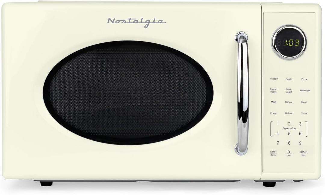 Nostalgia Retro 1000W Microwave Oven 1.1 Cu Ft Capacity Child Safety Lock, 8 Auto-Cook Settings Countertop Kitchen Appliance Ivory