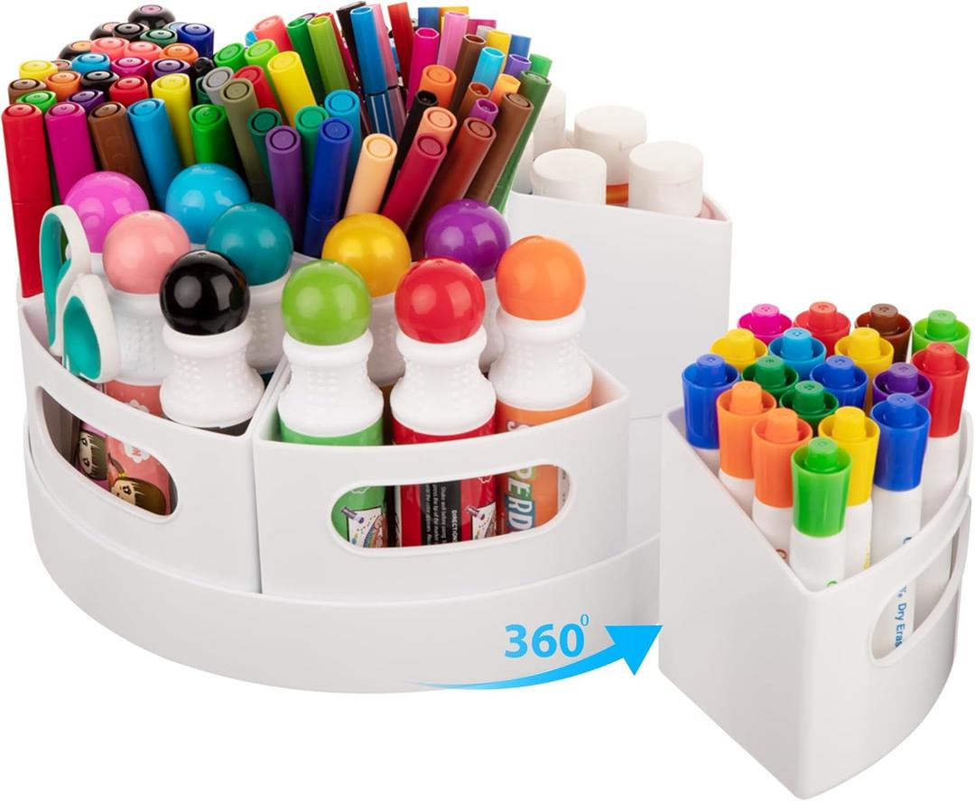 CraftGenes Art Supplies Organizer, Extra Large 360 Rotating Desk Organizer with 7 Removable Compartments, Marker Organizer for Home, Office, and Classroom, Crayon Holder (White)