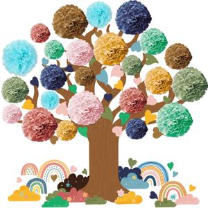 Pajean 84 Pcs Classroom Tree Bulletin Board Set Groovy Hippie Cutouts 3D Paper Pom Poms Motivational Educational Welcome Class Decor for Elementary Preschool Back to School Wall Decor Supplies