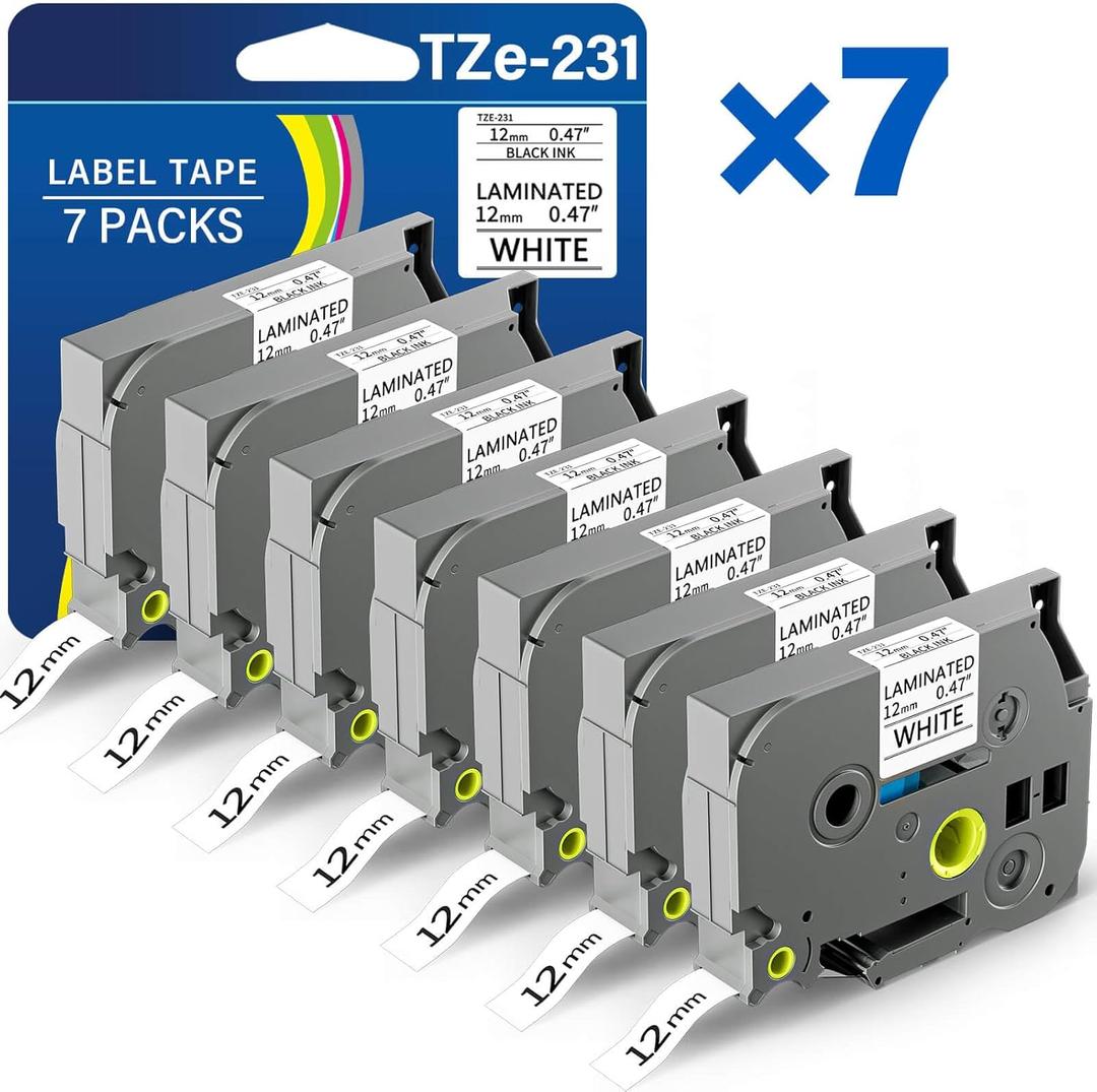 TZE-231 Compatible for Brother Label Maker Tape 12mm 0.47 Laminated Black on White 1/2" x 8m Replacement for TZ TZE TZE231 Tape for P Touch PT-D220 D220 PT-D210 PT-H110 PT-D200 PT-D400 D410 (7 Packs)