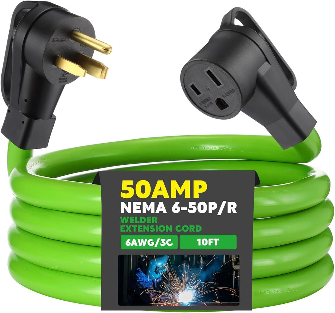 Kanayu 10FT 50Amp 6AWG NEMA 6-50P to 6-50R Welder Extension Cord 50Amp Power Extension for Welding Machines 50A 250Volt 3-Prong 6 Gauge Heavy Duty Welding Cable, ETL Listed (Green)