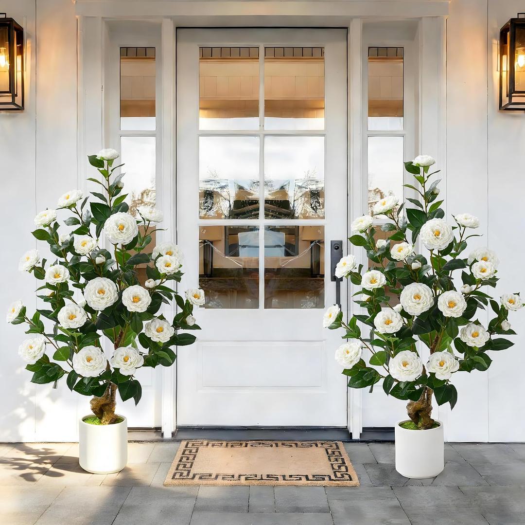 2 Pcs Artificial Camellia Tree, 38" Artificial Tree Plants Outdoor Faux Plants in Pot, Artificial Flower for Outdoors Front Porch Decor, Greenery Faux Fake Tree Plant for Indoor Outdoor Home Decor