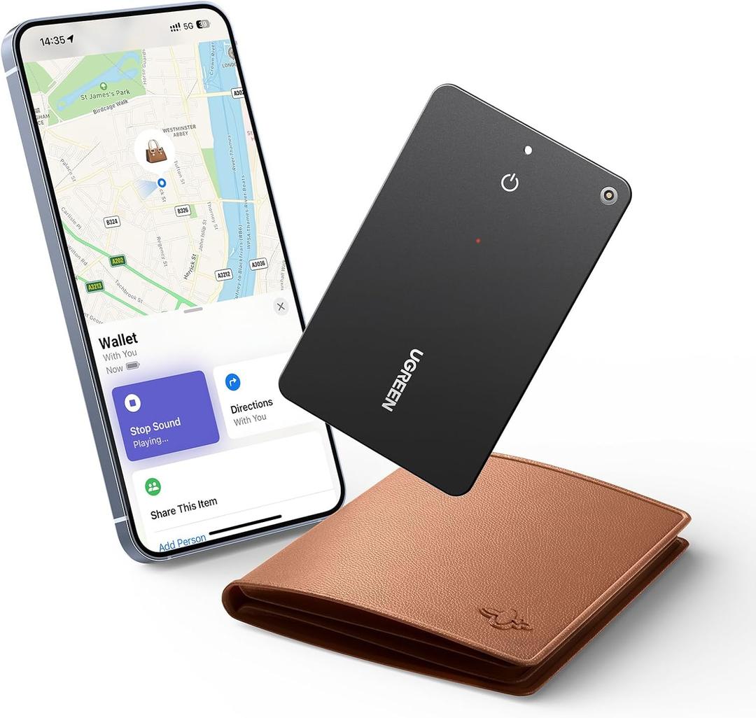 UGREEN FineTrack Slim Wallet Tracker Card (iOS Only), Bluetooth Tracker Card Finder 0.07in &IP68 Waterproof &One Charge Lasts A Year, Work with Apple Find My Rechargeable Tracker [Apple MFi Certified]
