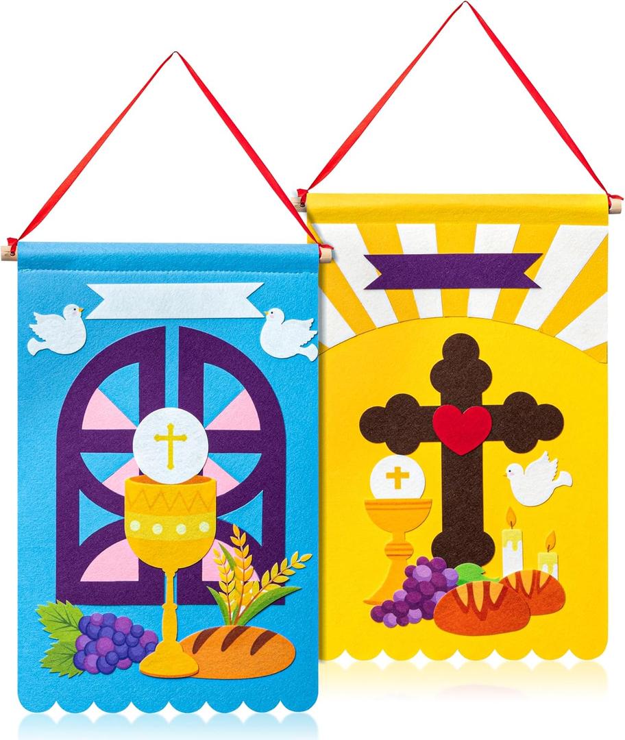 WATINC First Communion Banner Kit - Holy 1st Communion Felt Banner Kit Baptism Christian Cross DIY Craft Decorations, Make Your Own Sunday School Church Hanging Crafts Supplies for Boys Kids (2 Set)