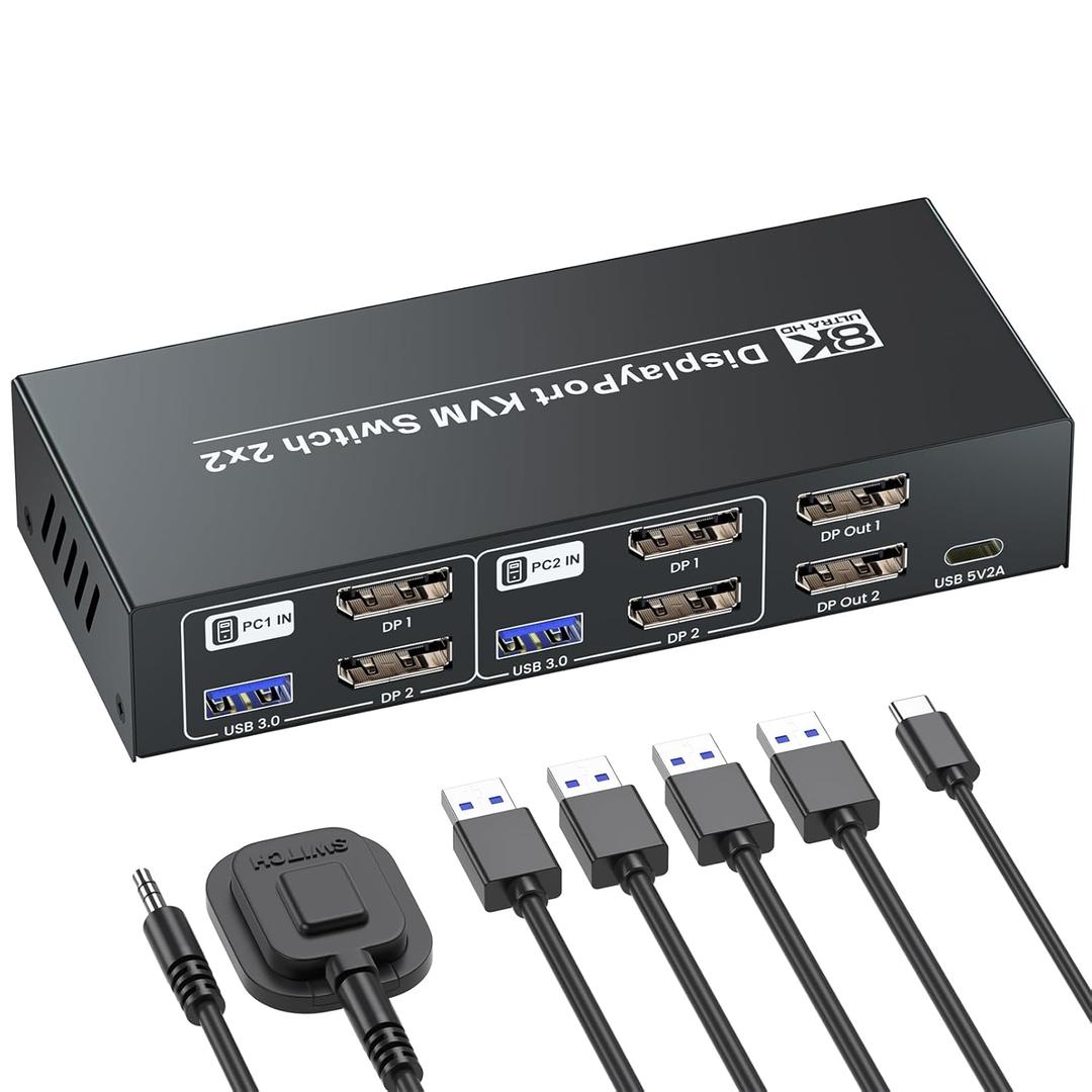 8K@60Hz 4K@120Hz Displayport KVM Switch 2 Monitors 2 Computers, USB 3.0 Dual Monitor DP KVM Switch for 2 PCs Share 2 Monitors and 4 Port USB 3.0