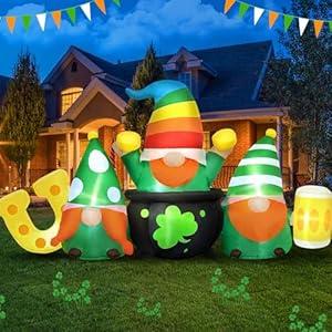 MICOCAH 8FT Long St Patricks Day Inflatables Outdoor Decorations Inflatable 3 Gnomes on Gold Pot with Beer & Horseshoe Built-in LED Lighted Blow Up Yard Decoration for Irish Garden Lawn Holiday Party