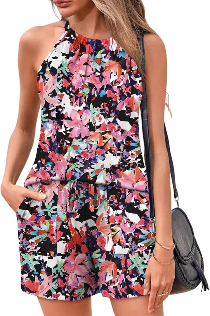 Rapbin 2 Piece Short Sets for Women Casual Vacation Summer Outfits Sleeveless Halter Tops Loose Fit (Small, Black Floral)