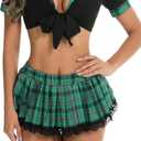 Lidogirl Women Tie-Front Crop Top And Lace Trim Plaid Skirt Set With Stockings XS-2XL (Medium, Green)