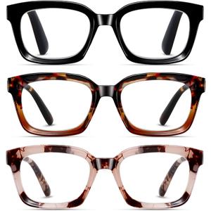 3 x Reading Glasses for Women, Blue Light Blocking stylish high end Oversized Square Computer Readers Spring HingeBlack+Brown+LightPink+2.5