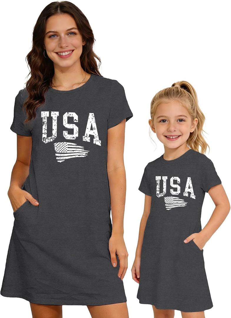 Mommy and Me Dresses Mother Daughter Matching Dresses with Pockets Mama or Mini Short Sleeve Outfits (Gray)