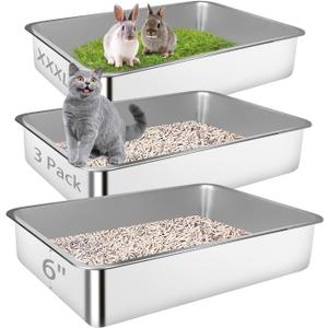 Stainless Steel Litter Box, 3 Pack 27.6"x19.7"x5.9" XXXL Metal High Sided Cat Litter Pan, Extra Large Stainless Steel Box Splash-Proof and Non-Stick Cat Poop Box odorless