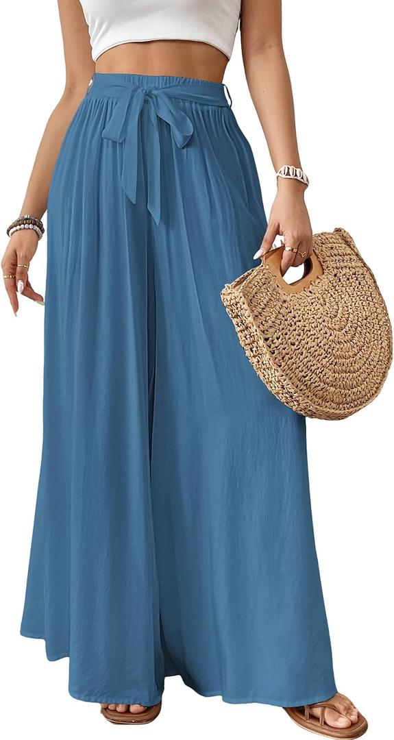 Bsubseach Wide Leg Pants Woman Flowy Floral Palazzo Pants for Women High Waisted Summer Casual Trousers Cruise Outfits (Blue, XL)