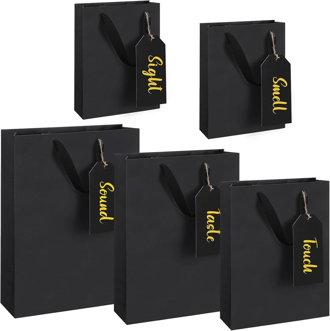 Sweetude Valentine's Day 5 Senses Gift Bags for Him with Labels 5 Senses Taste Smell Touch Sight Sound Gift Bags Black Paper 4 Assorted Sizes Wrappings with Handles for Wedding Anniversary Birthday