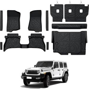 Floor Mats for Jeep Wrangler JL 4XE 4-Door 2021-2025 2026, All Weather Floor Mats Trunk Cargo Liner with Backrest Protectors and Door Sill Guards Accessories, Full Coverage Set