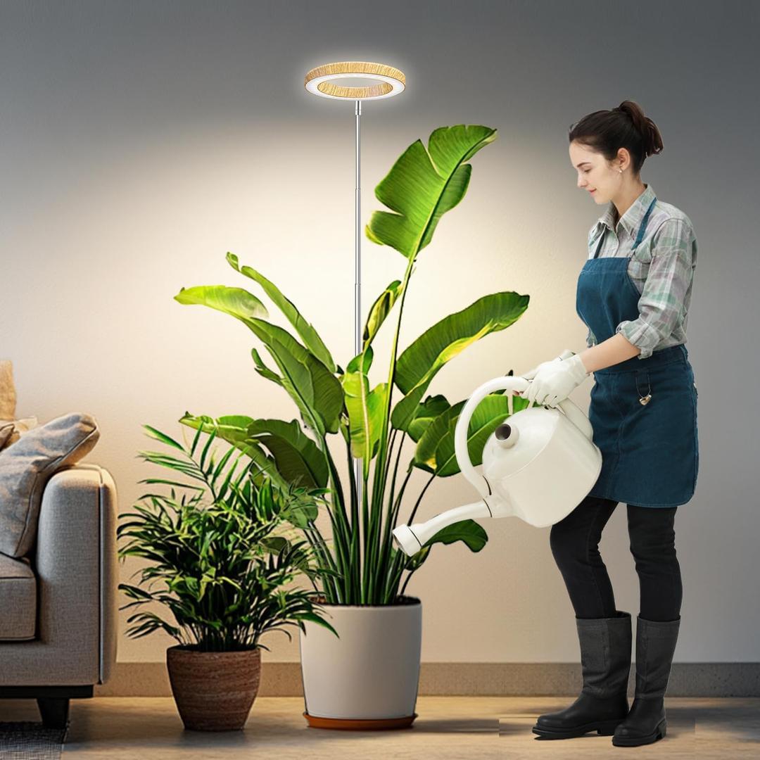 Grow Lights for Indoor Plants, Full Spectrum Plant Lights for Indoor Growing with 6/12/16H Timer, 3 Color Modes, 5 Brightness, 10"-65" Height Adjustable Wood Grain Plant Growing Lamp