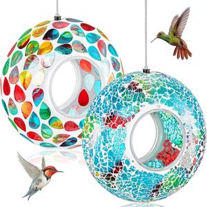 2 Pcs Glass Mosaic Hanging Bird Feeders Fly Through Round Bird Feeders for Outside Yard Garden Backyard Deck Porch Decor, 7-inch