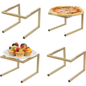 MyGift Premium Brass Tone Metal Pizza Pan Riser Stand, Square Tube Racks Restaurant Buffet Tabletop Food Platter Serving Tray Display Risers for Party, Set of 4