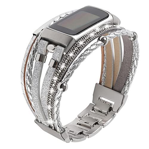 Leather Bands Compatible with Fitbit Charge 6/Charge 5 Bands for Women, Boho Handmade Multilayer Wrap Bracelets Jewelry Strap Replacement for Charge 6/Charge 5 Fitness Tracker (Silver)