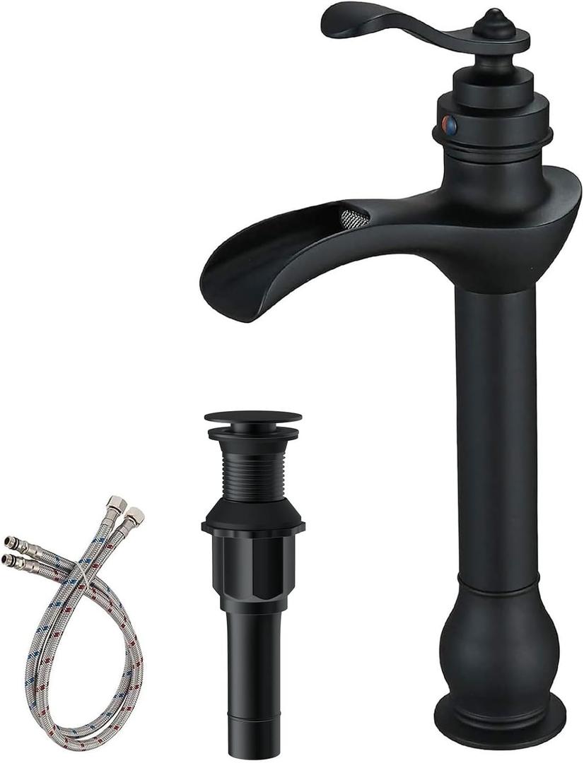 BWE Matte Black Vessel Sink Faucet Waterfall Single Hole Handle with Pop Up Drain Stopper Assembly and Supply Hose Bathroom Faucet Vanity Lavatory Mixer Tap Tall Body