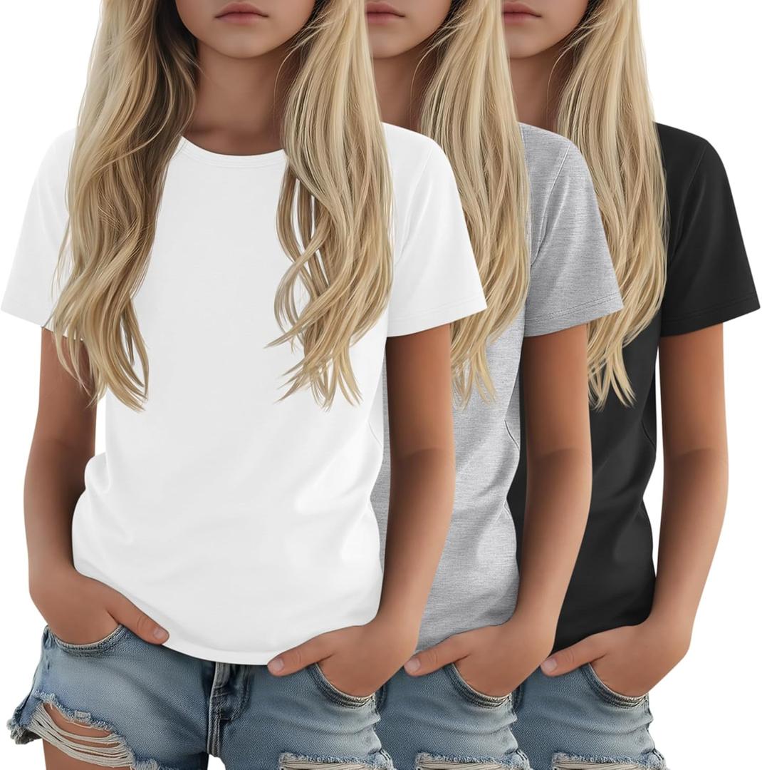 3 Pack Girls Shirts Plain Short Sleeve Tops Teens Youth Summer Tshirts Crewneck Loose Fit Casual Basic Tees, Size: 13-14 Years
