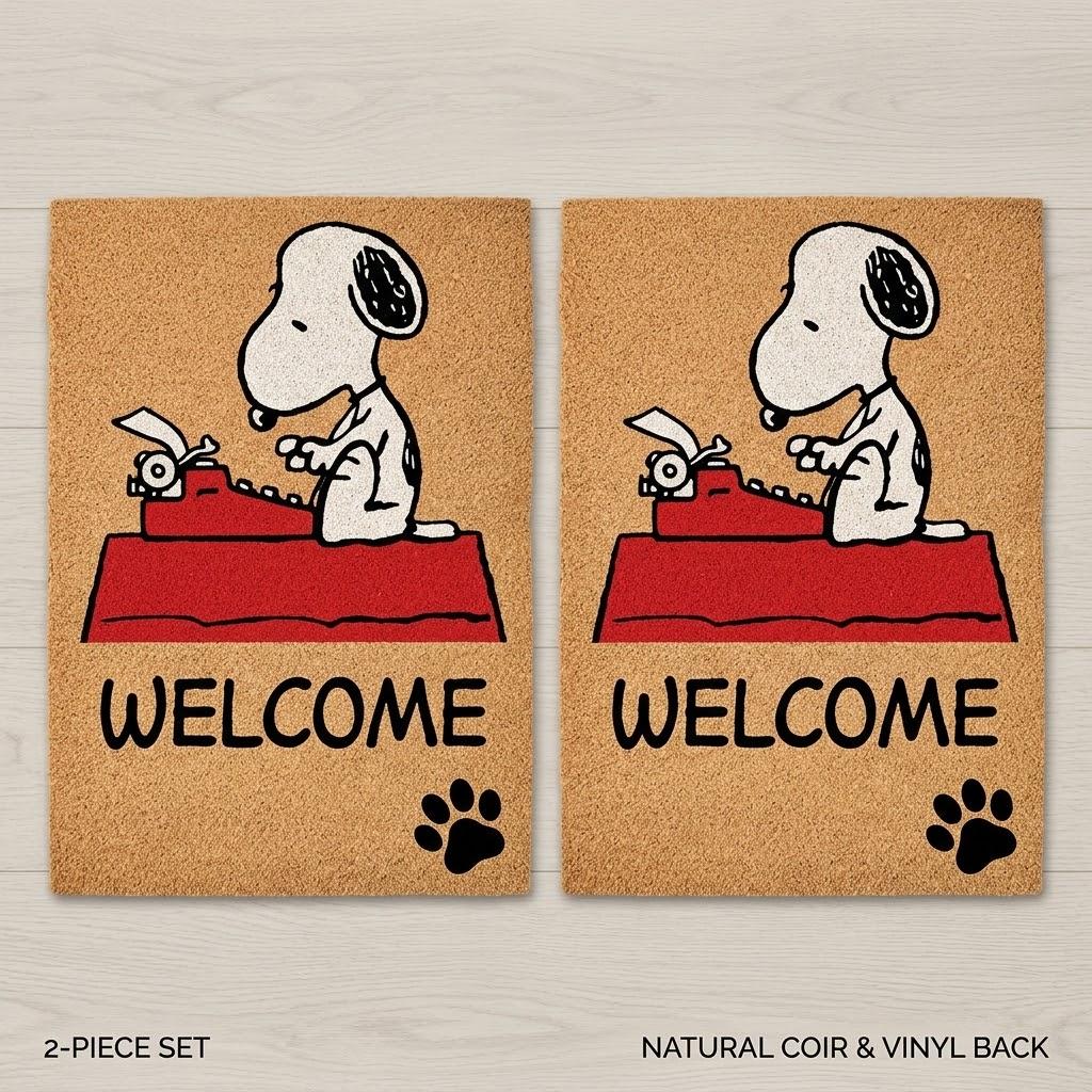 Welcome Snoopy Coir Doormat 2-Piece Set – Non-Slip Rubber Backing Front Door Mats, Weather Resistant Outdoor & Indoor Entrance Rug Set with Paw Print Accent, 20x34