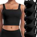 Womens Sports Bras 5 Packs - Square Neck Longline Workout Crop Tank Tops Padded Yoga Camisole with Built in Pads (Large, 5 Packs - Black)