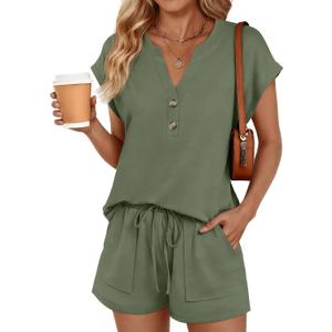 LILLUSORY Womens 2 Piece Summer Short Sets 2026 Vacation Spring Beach Matching Airport Travel Outfits Lounge Wear Sweat Suits Army Green XL